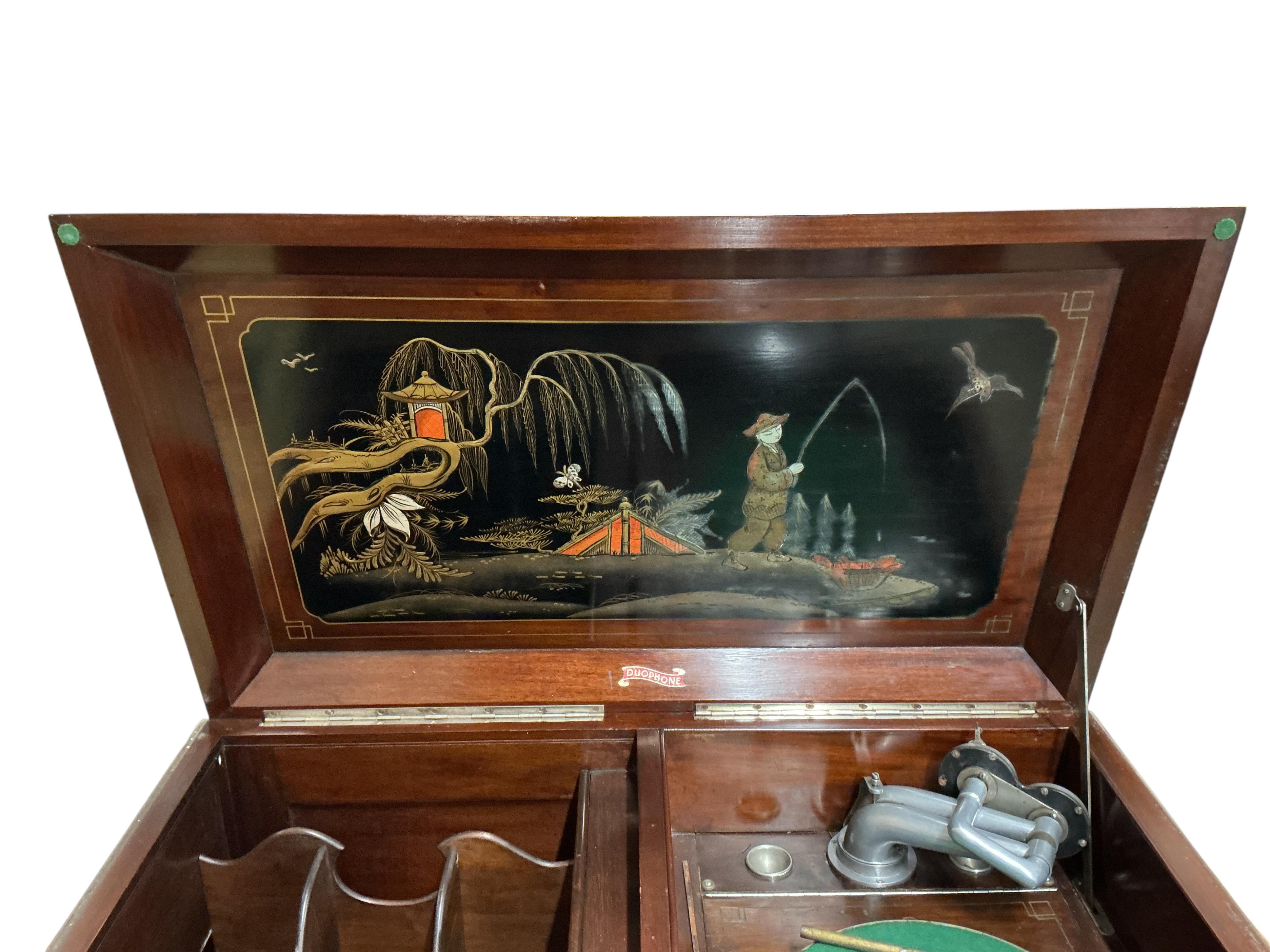 An early 20th century chinoiserie lacquer Duophone cabinet gramophone, width 94cm, depth 57cm, height 86cm